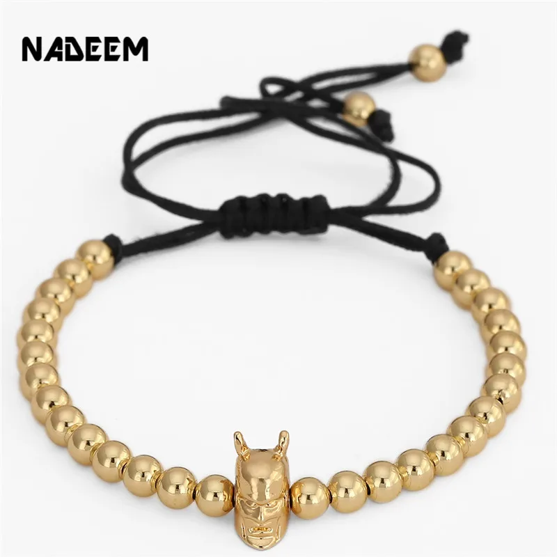 

NADEEM Fashion Punk Batman Charm Bracelet Men Women Gift Gold Color 5mm Copper Bead Weave Braiding Men Macrame Bead Bracelet