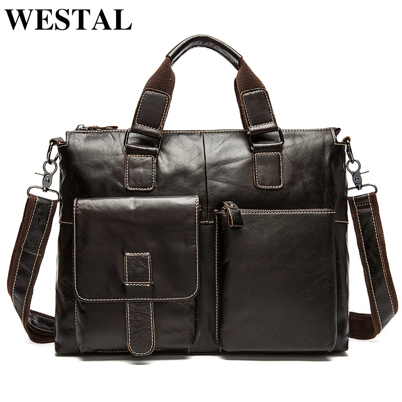 Buy  WESTAL men's shoulder bag genuine Leather male bussiness bags men's briefcase laptop 14'' tote mess