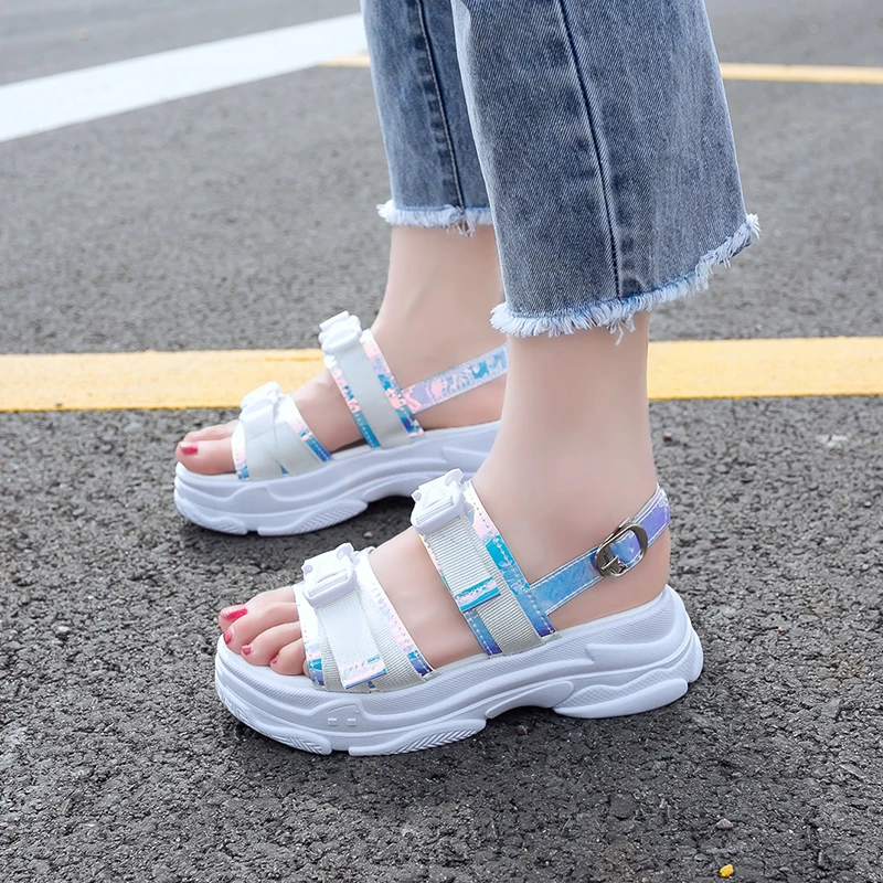 

Rimocy 2019 New Woman Laser Sandals Summer Female Casual Bling Chunky Heel Shoes Woman Concise Thick Sole Wedge Platform Sandals
