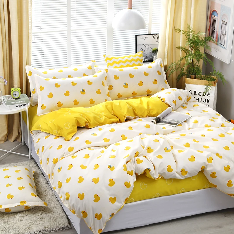 

3/4pcs High Quality Duck Yellow Printing Textile Bedding Set Include Duvet Cover&Sheets&Pillowcases Comfortable Home Bed Set