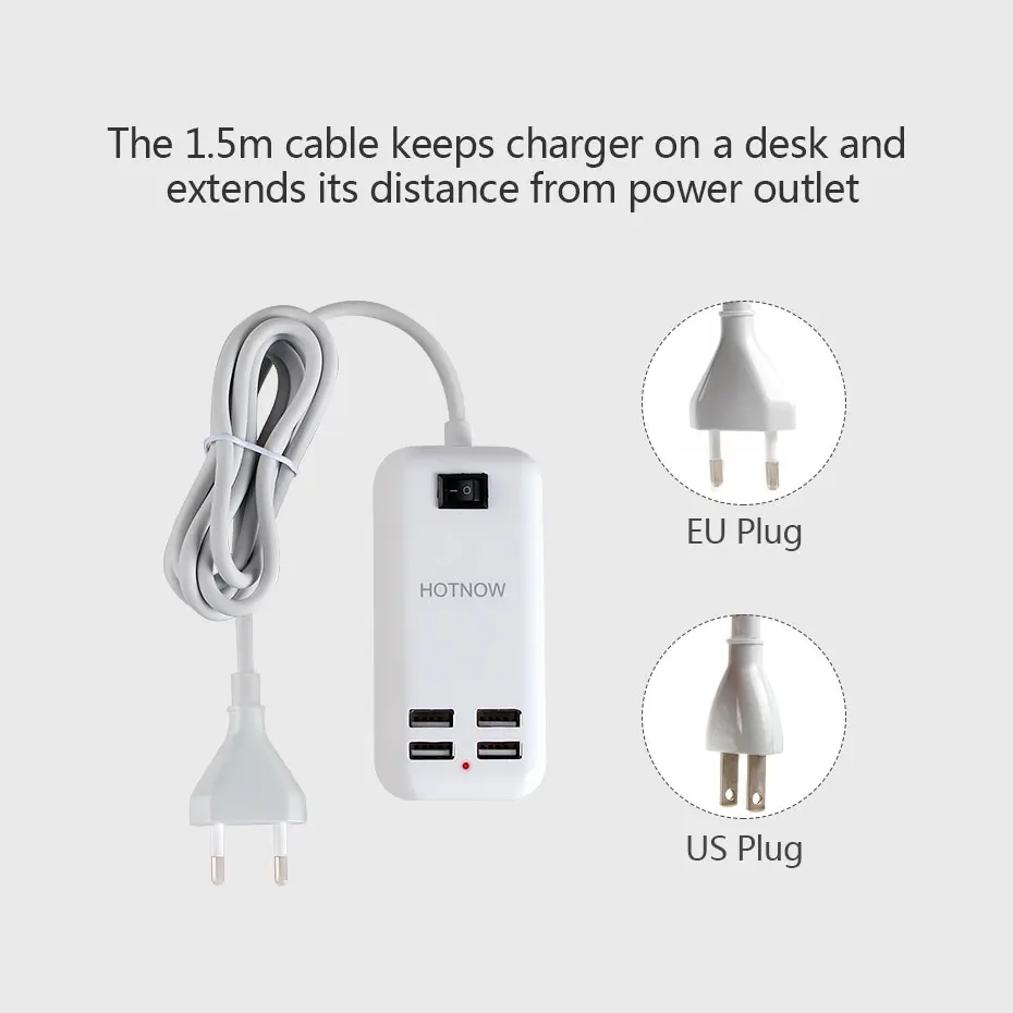 Штепсельная Вилка EU/US 5V3A, 4 порта, USB, настенное зарядное устройство, адаптер питания переменного тока, длинный кабель 1,5 м, переключатель вкл/выкл, для путешествий и дома, Каррегадор