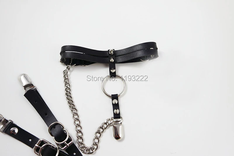 

Punk Rock Dark Handmade Double Row Leather Garter Belt O Round Rivets Flower Leg Ring Thigh High Sock Garter with Chain