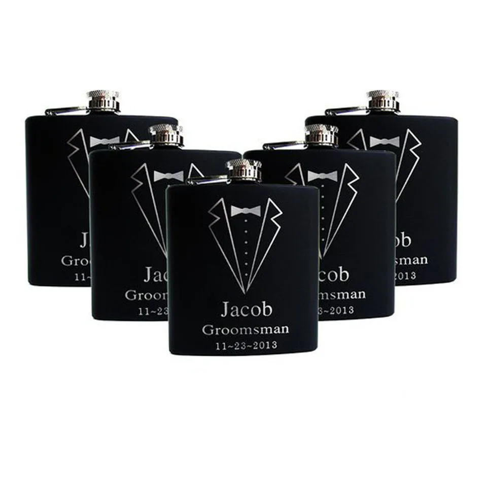 

6oz Dinner suit design Personalized Hip Flask Custom black leather stainless steel Laser Engraved Gift for Him, Groomsmen Gifts