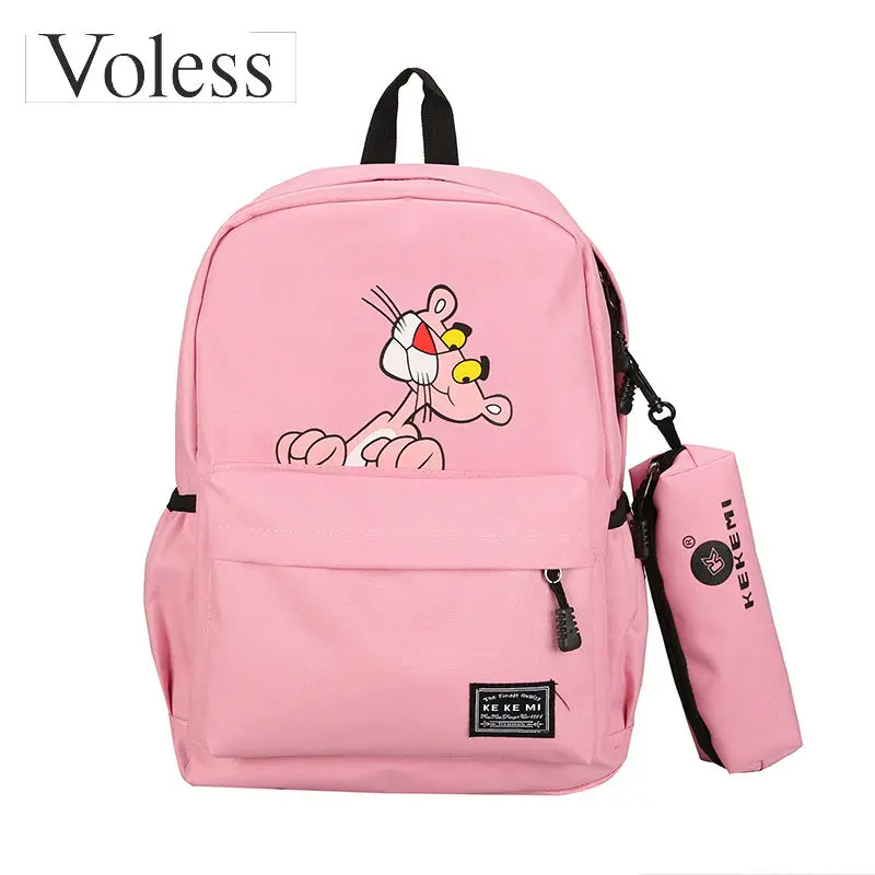 

VOLESS 2Pcs/Set Canvas Women Backpack Female Preppy Style Schoolbag Cute Animial Printing School Bag For Teenager Girls Student