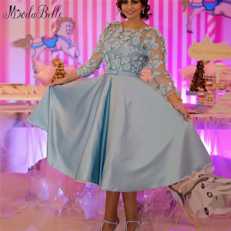 Baby Blue 3D Flower Formal Party Dress Three Quarter Sleeves Tea Length Evening Party Dress Lace Vintage 2017 Abendkleider 3_