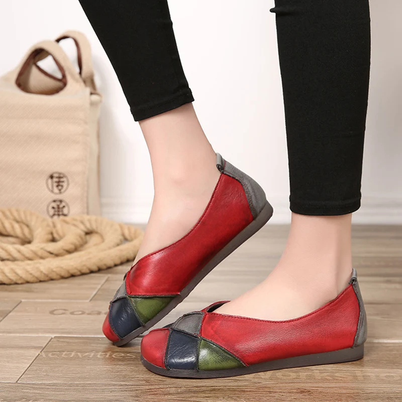 

Vintage Brands New Women Genuine Leather Shoes Woman Hand-sewn leather flats cowhide flexible autumn boat shoes women loafer