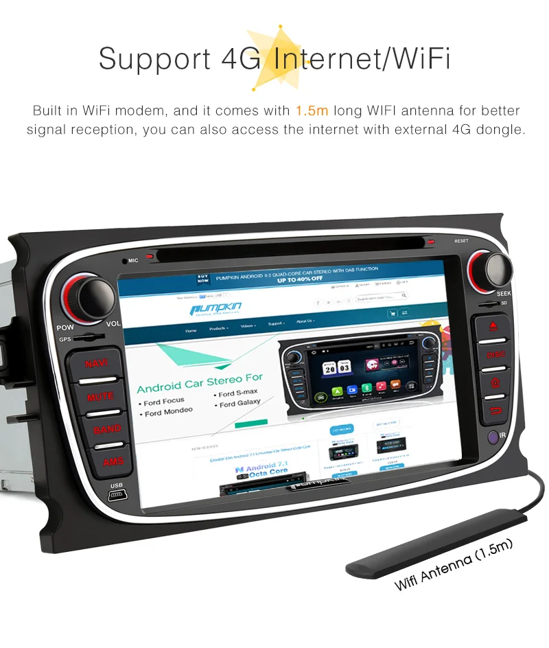 Excellent Pumpkin 2 Din 7"Android 8.0 Car DVD Player GPS Navigation Octa-core Car Stereo For Ford Mondeo/Focus Wifi OBD2 Fastboot Headunit 9