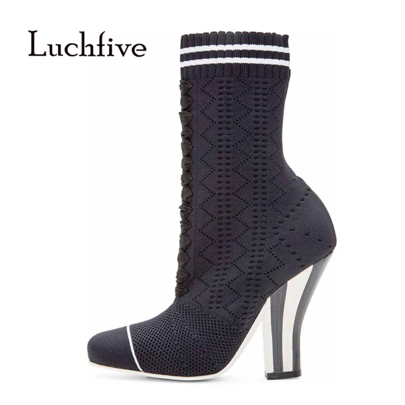 

2018 Elastic Ankle Boots Woman Round Toe Stripe Flower Embroidery Cut Out Knitted Sock Boots Women High Heel Boots