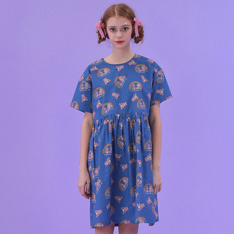 

2019 Original New Design Dresses Sweet Bear Print O Neck Women Summer Dress Loose Blue High Waist Preppy Style Knee Length