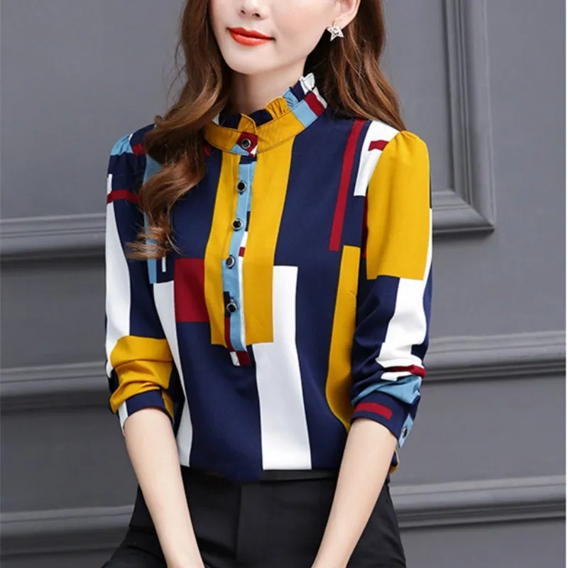 

2019 Hot Sale Spring Office Lady Button Chiffon Shirts Women Ruffled Collar Striped Thin Blouse