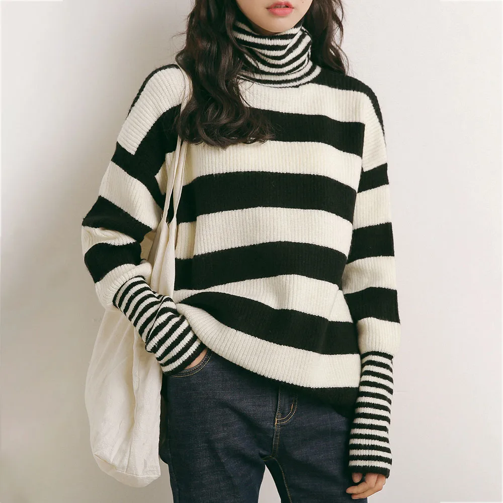 

Black White Striped High Neck Sweater Women Pattern Jumper Oversize