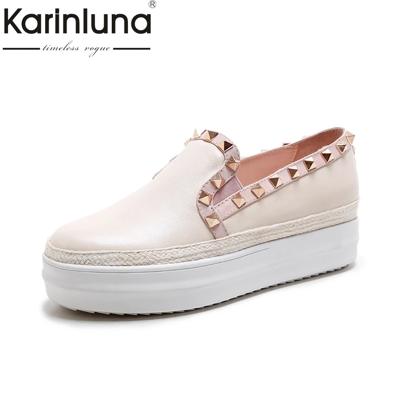 

Karinluna 2018 Top Quality Genuine Leather Thick Bottom Flats Shoes Woman White Casual Loafers Women Shoes Footwear