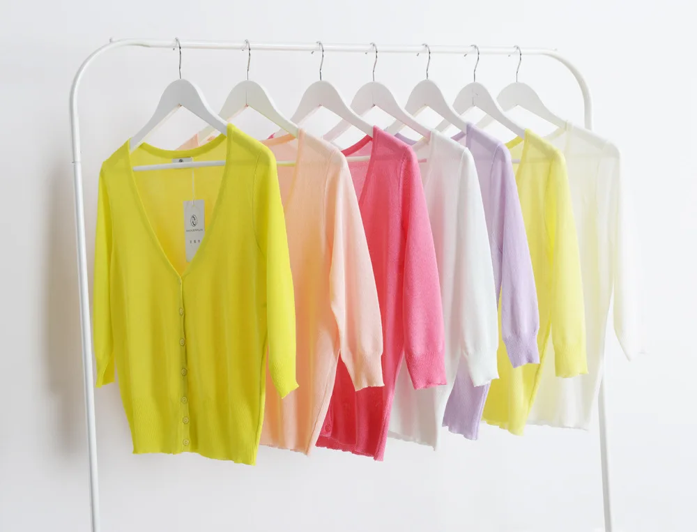 Macaron flash wire cotton thin female three quarter sleeve short design all-match knitted sunscreen air conditioning cardigan