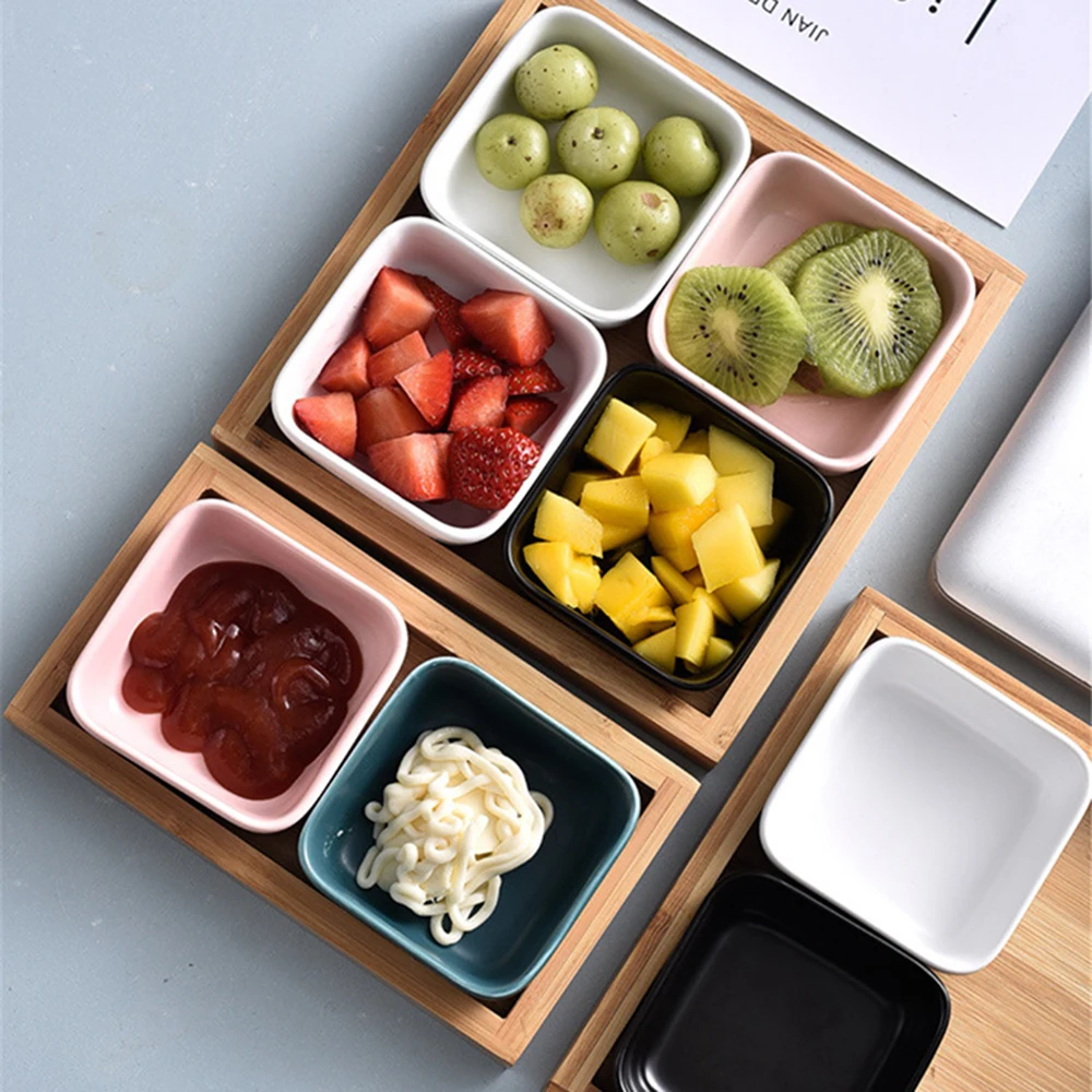 

Desktop Snack Bowl with Wooden Tray Mini Exquisite Fruit Ceramic Plate Kitchen Seasoning Dish Japanese Tableware