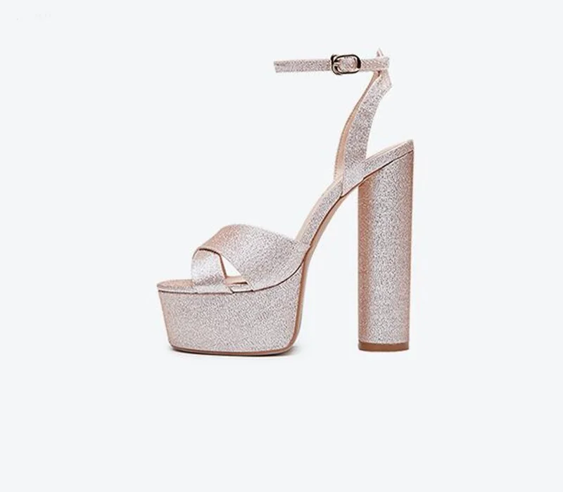 

2019 New Gold Glitter Embellished High Heel Sandal for Woman Sexy Open Toe Ankle Strap Shoes 15cm Thick Heels Summer Shoe