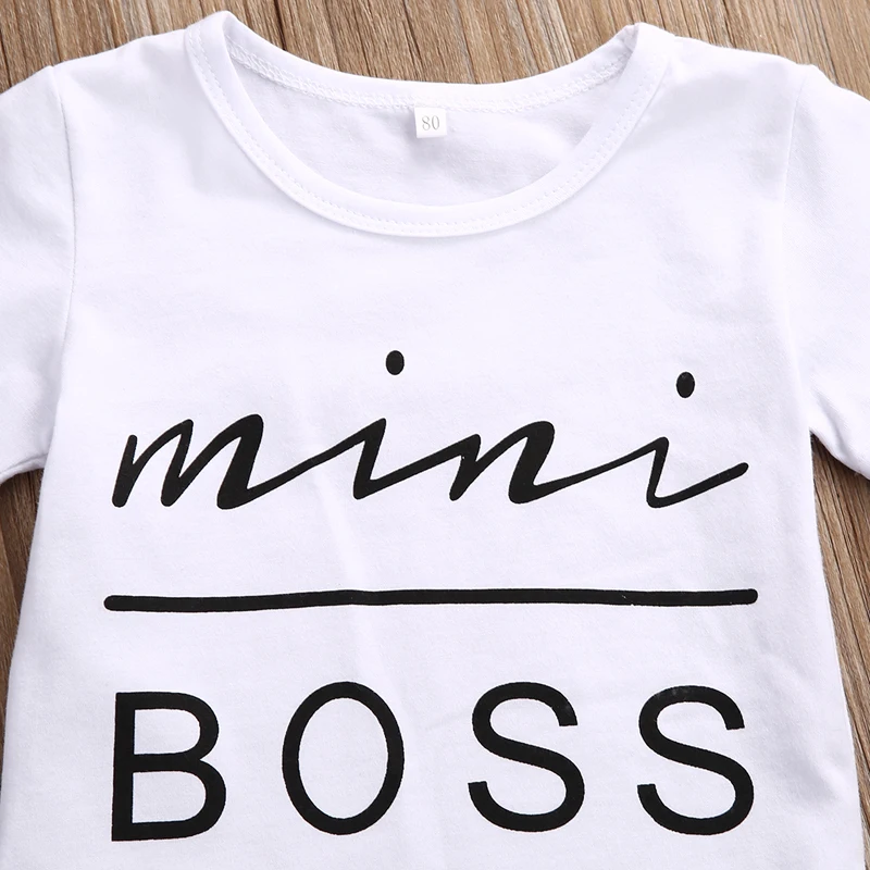 2 шт. для маленьких девочек Летняя Новинка г. MINI с надписью Boss белая футболка+ черная кожаная юбка комплект Вечерние Повседневная одежда