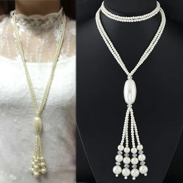 

Vintage Tassel Chains Imitate Pearl Necklace Fashion Beads Long Statement Necklace Wedding Party Jewelry Maxi Collier Women