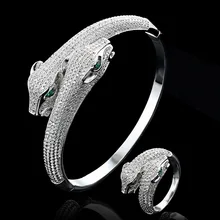 Высокое качество зеленый глаз браслет в форме Пантеры и кольцо Ювелирные наборы роскошные животные леопард модель свадебные аксессуары наборы для женщин и мужчин подарок