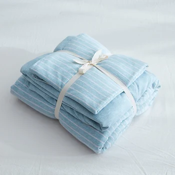 

4pcs 100% Cotton Jersey Knit Fabric Pastel blue and white stripe bedding sets solid color fitted sheet 1.5m 1.8m bed