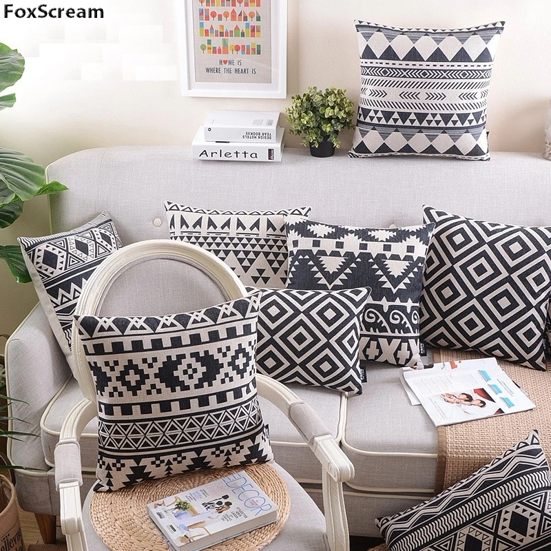 

Nordic Style Pillows Cover Geometric Pillows Cover Black white Cushion Cover Linen Cotton Pillowcase For Sofa 45*45cm