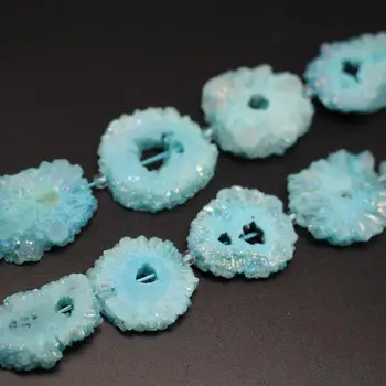 

Full strand 30-35mm Sky Blue Solar Quartz Stone Loose Beads,Sun Flower Druzy Geode Raw Crystals Drusy Slab Slice Charms Necklace