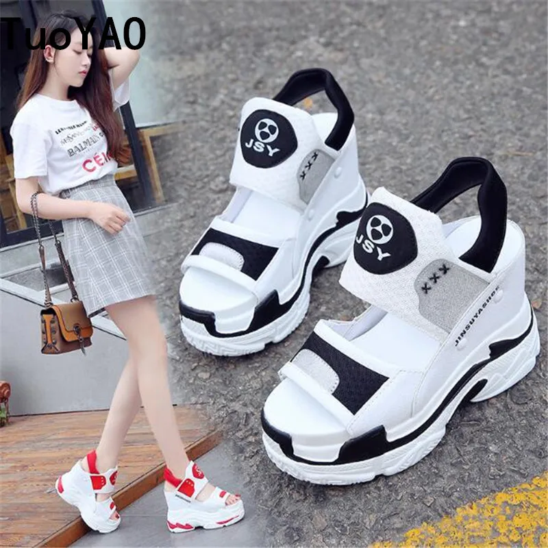 

New Arrival 2019 Summer Platform Sandals Women 11.5CM Wedges Thick Bottom Casual Shoes Comfortable White Buckle Sandals Sneakers