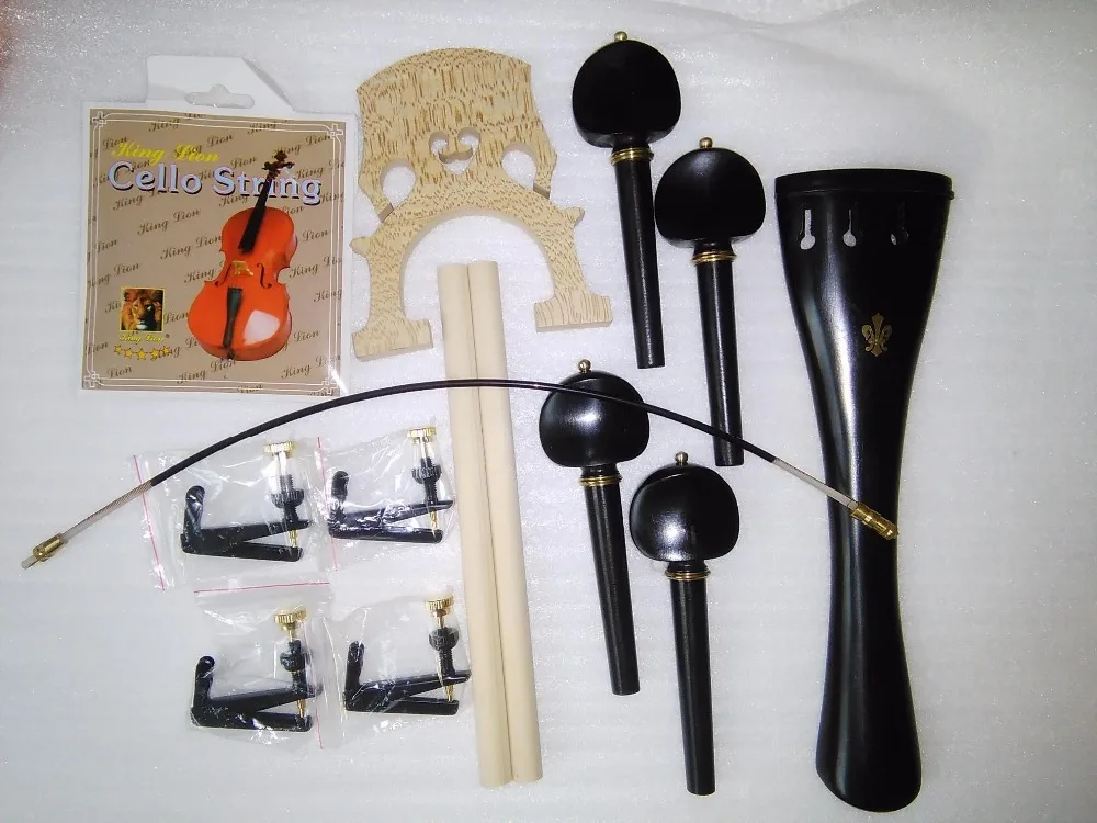 

Ebony Cello Parts with Brass Decoration+Cello String adjuster+Nylon tail gut+sound post+cello bridge etc all 4/4