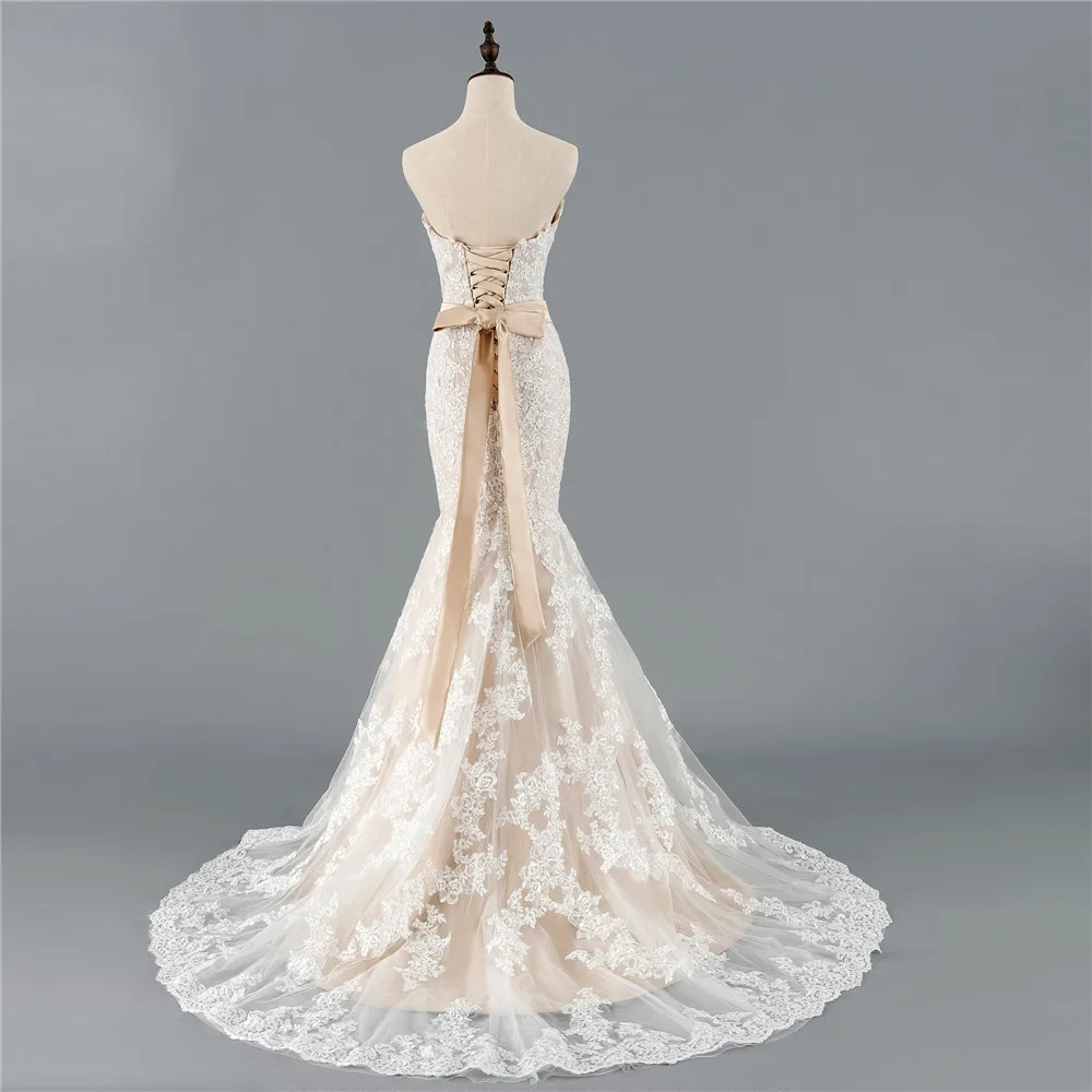 Champagne Sweetheart Tulle Lace Applique Mermaid Boho Wedding Dress