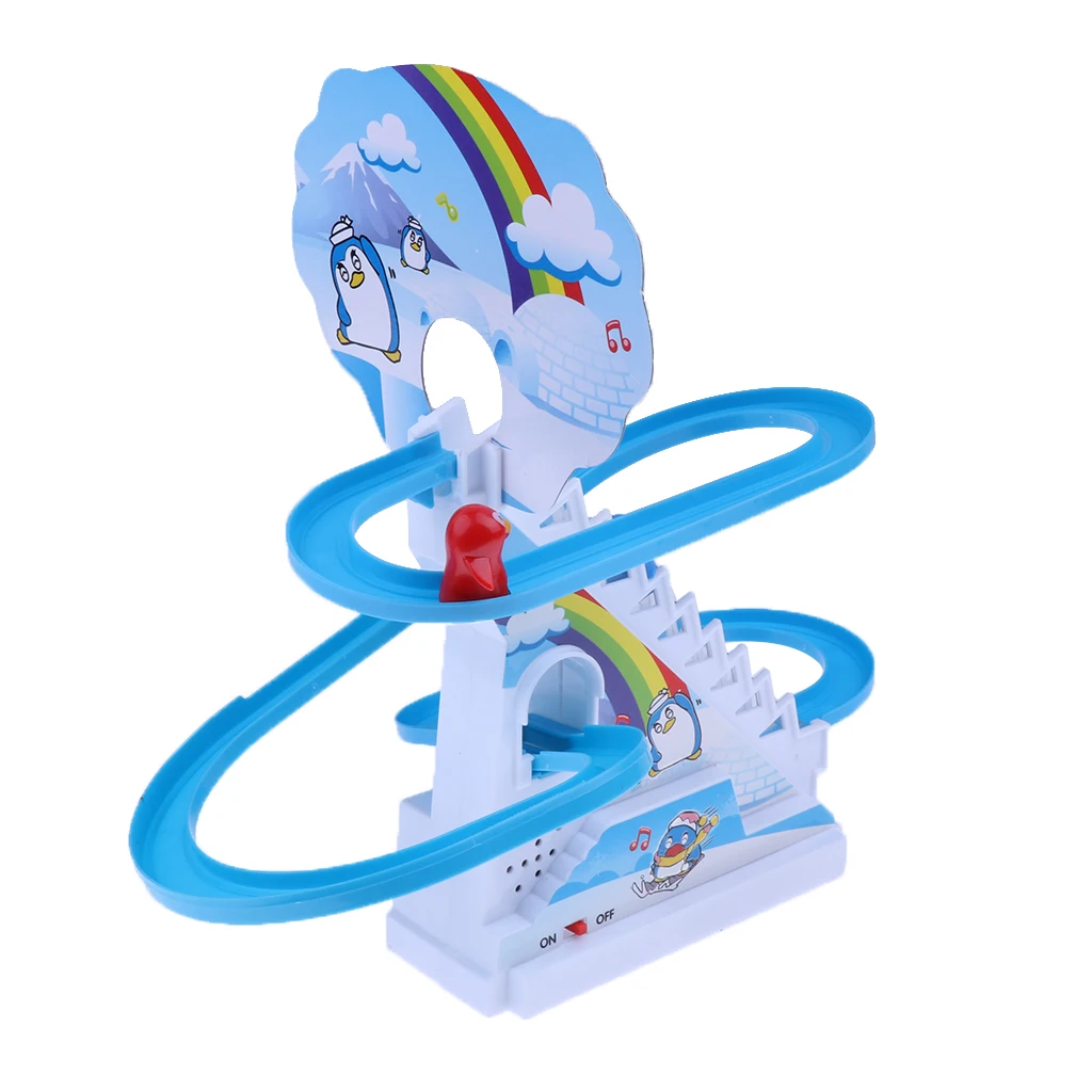Plastic Blue Electric Climb Stairs Track Toys Track Sliding Toy With Light Music Small Penguin Kids Child Educational Toy Gift 