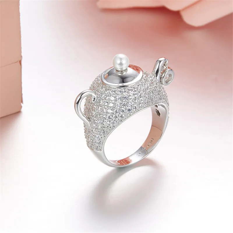 

Famous 925 Sterling Silver Fantastic Crystal Teapot Rings AAA Cubic Zirconia France Monaco Brand Women engagement Ring Jewelry