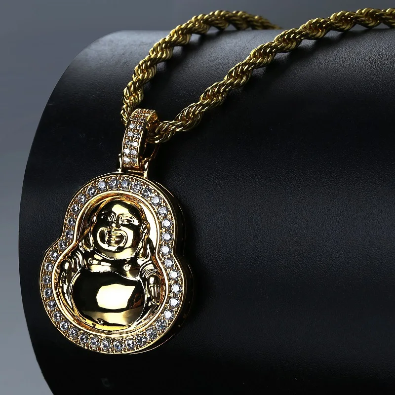 

2019 New Item Black Gold Iced Out CZ Buddha Pendant Necklaces Hip Hop Tennis Buddha Necklace Chain Men Punk Jewelry