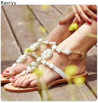 

2019 summer fashion white Flipflop Woman sandals bling bling rhinestone flower flat heel ankle strap female party show shoes