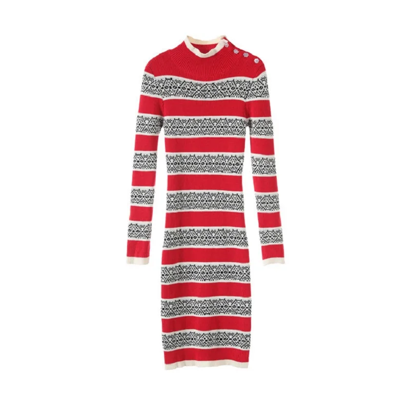 

2019 Runway High Collar Stitching Stripe Step Dress Elegant Red Black And White Color Matching Knit Dress Women Clothes