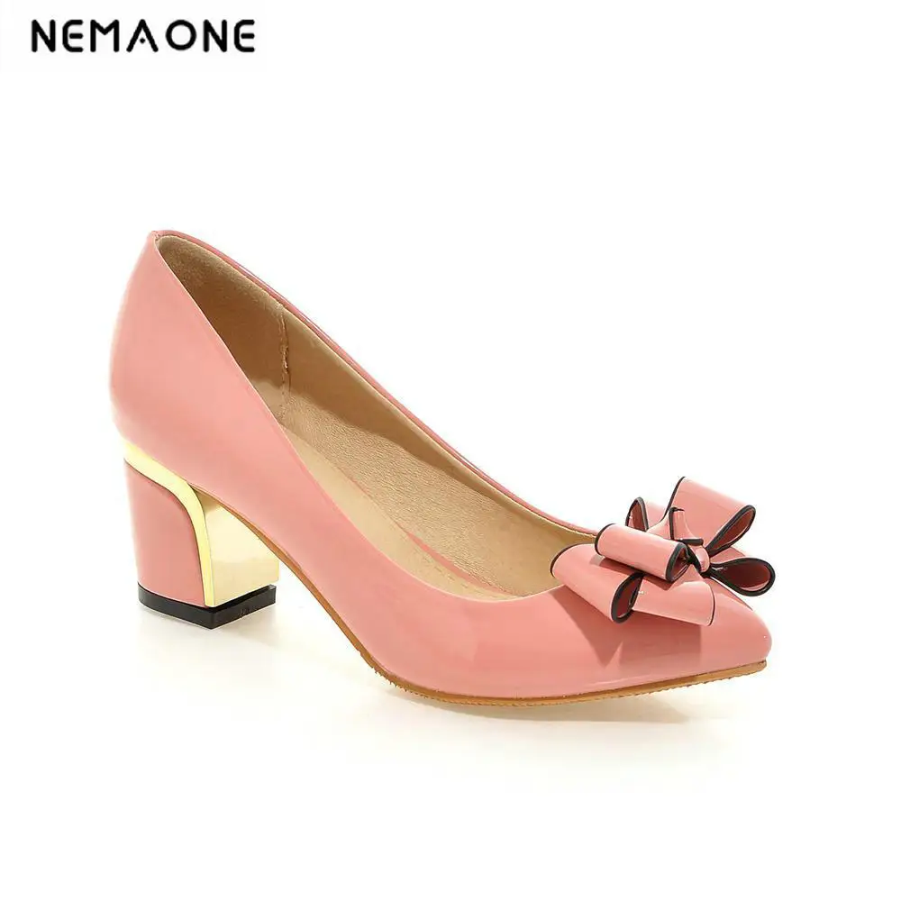 

Plus size 34-43 2018 Candy Color Women Pumps Thick High Heels Shoes Bowtie Pink red gray Working Shoes Woman
