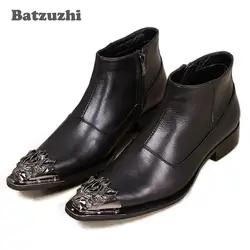 Batzuzhi/мужские ботильоны в британском стиле, черные кожаные мужские ботинки, кожаные ботинки с острым металлическим носком, большие размеры