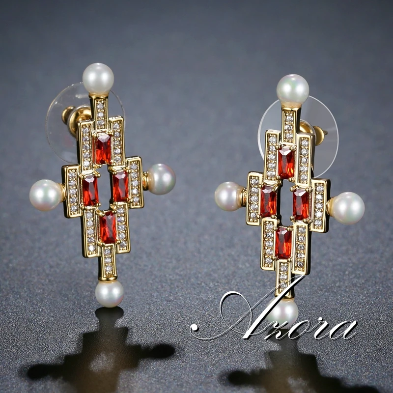 AZORA/милые серьги-гвоздики с жемчугом для женщин, вечерние, роскошные, красный фианит, изысканные женские ювелирные изделия Pendientes TE0387