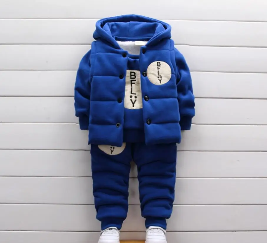 new boy winter suit three-piece 1-4-year-old boy sports suits plus velvet thick winter children's clothing - Цвет: Синий