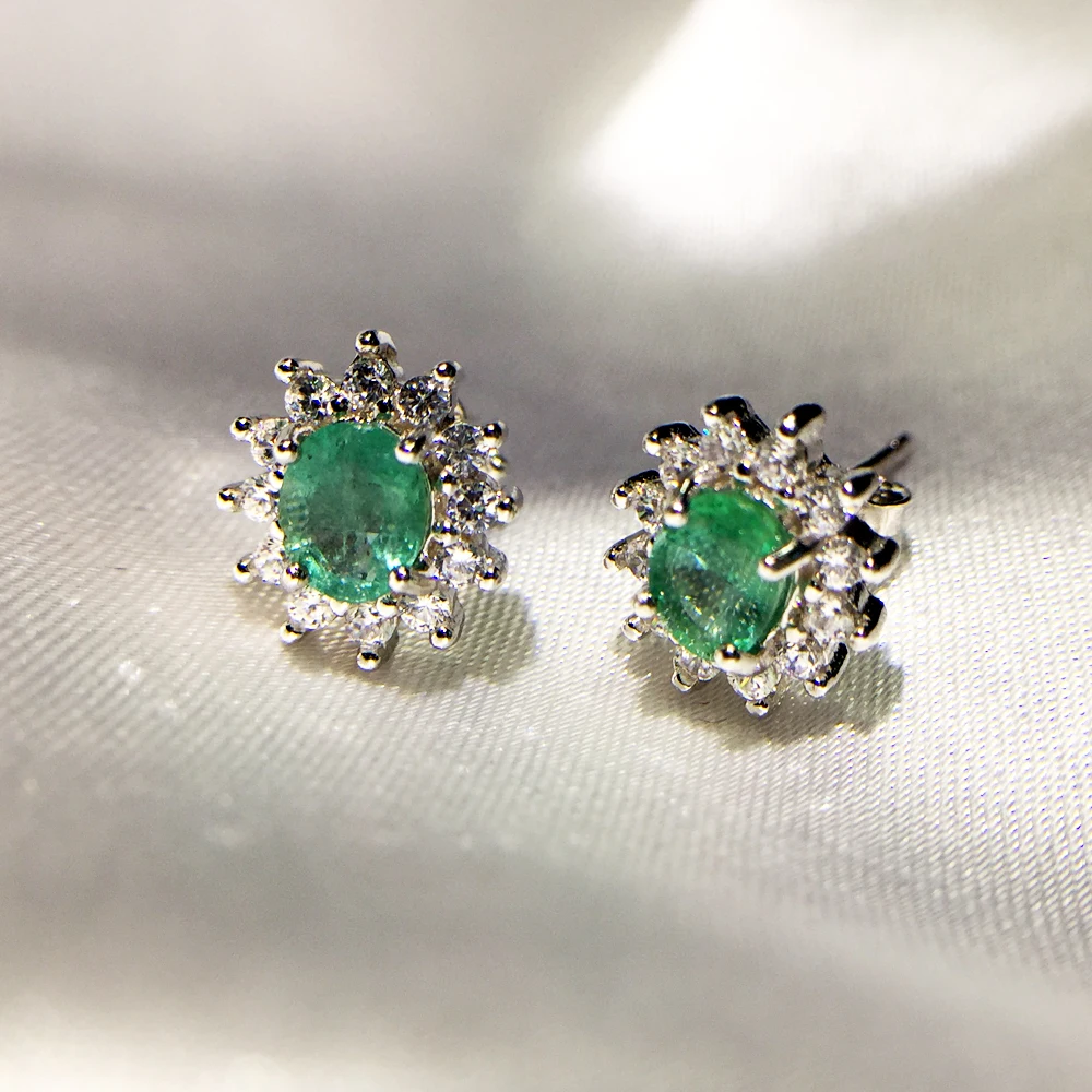 

Natural Emerald 925 Sterling Silver Women Stud earrings Jewelry gemstone jewelry sunflower design best gift for girl lady
