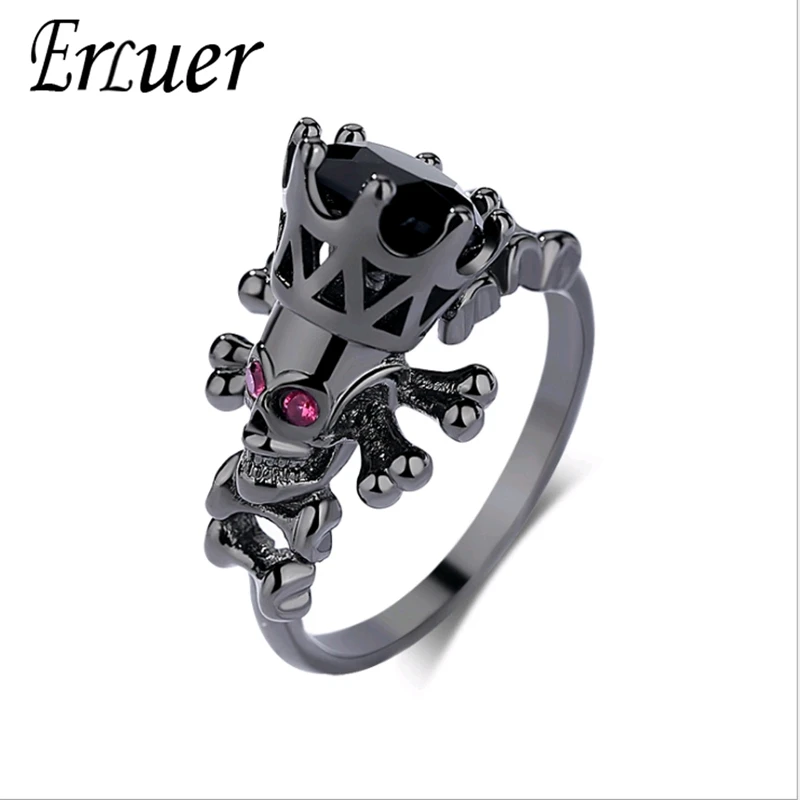 

ERLUER Black Gold C Gothic Skull Crown Multicolor Stone Crystal CZ Rings For Women Party Jewelery Trendy Birthday Gift ring