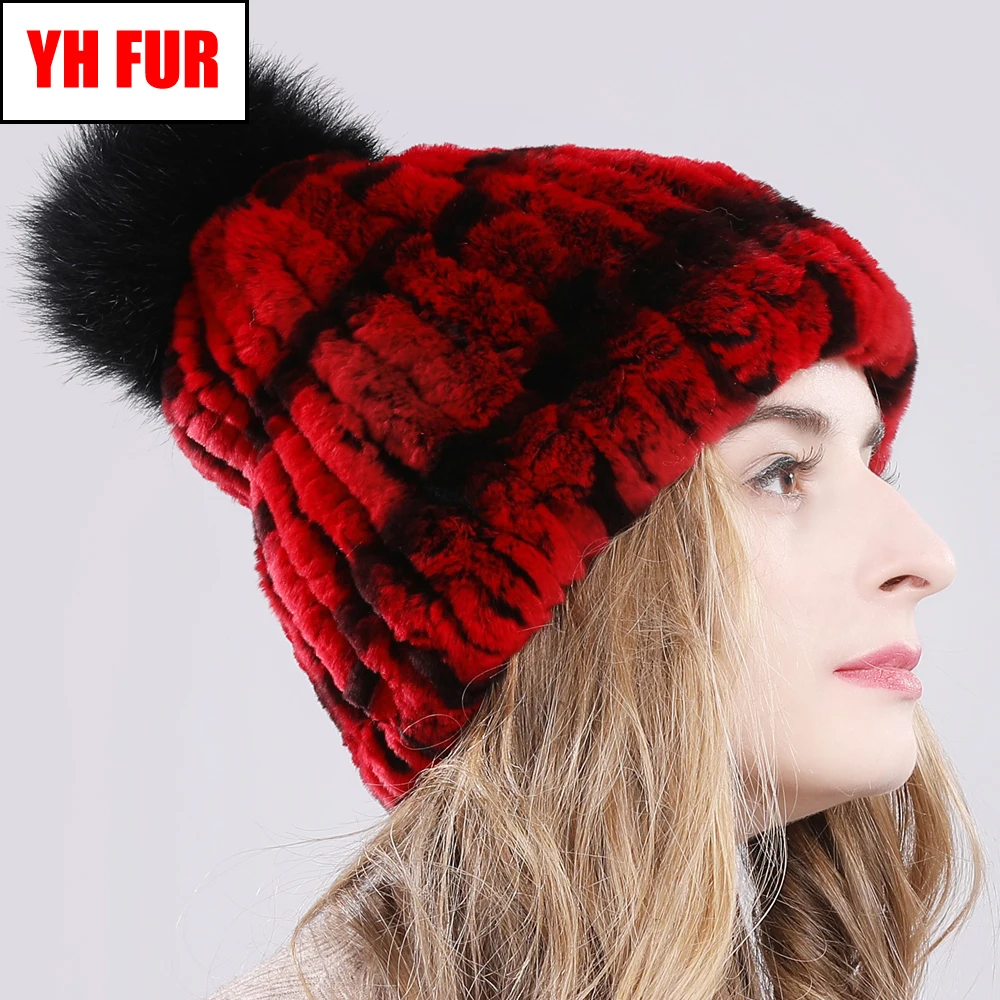 

2019 Hot Sale Winter Natural Rex Rabbit Fur Hat Women Elasitc Warm Handmade Knitted Real Fur Caps Big Fox Fur Ball Beanies Hats