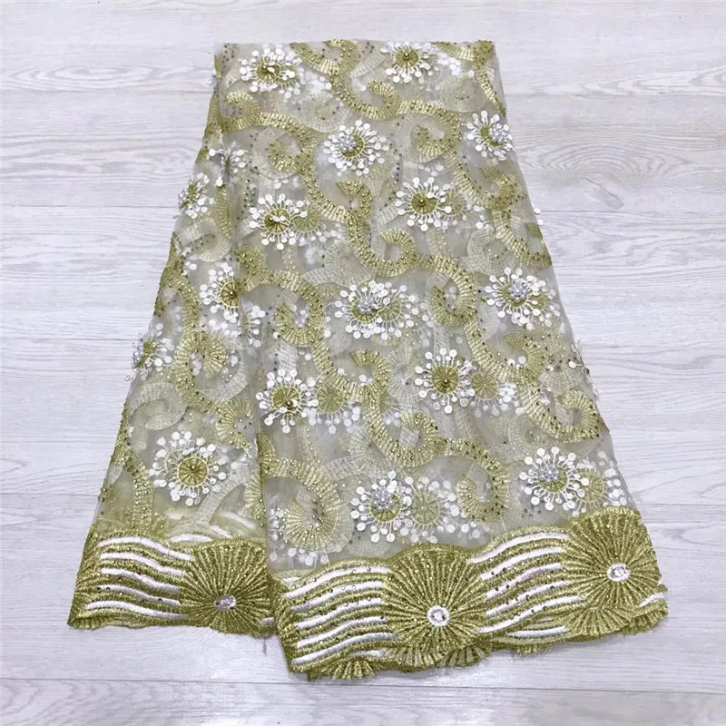 

HFX Nigeria Beads Africa Nigerian Wedding Lace Latest Gold Embroidered Net Lace 5 Yards French Tulle Lace Fabric for Party X1502