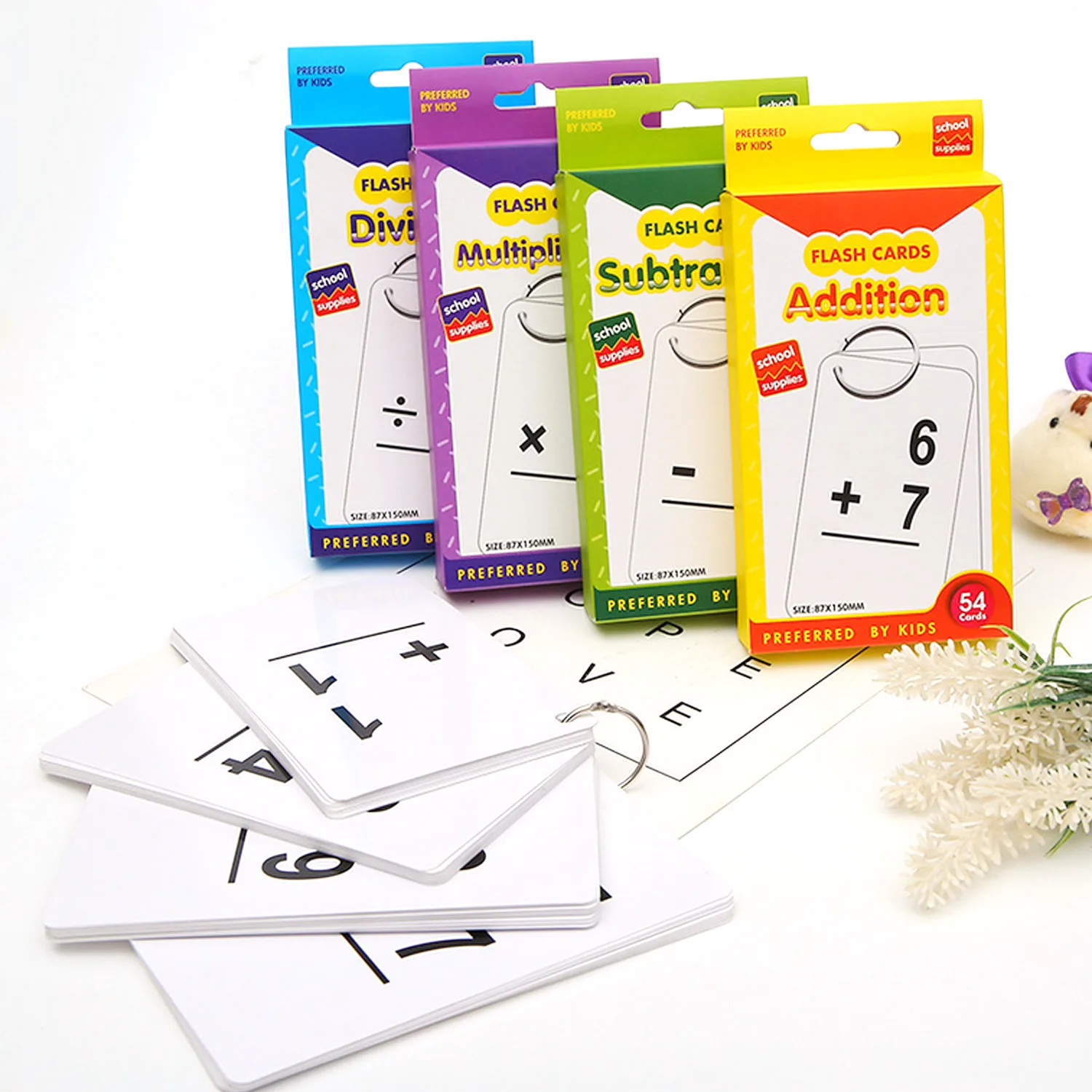 

Kids 54pcs Math Flash Cards Addition Subtraction Multiplication Division Arithmetic Teaching Aid Cards Education Toy with Ring