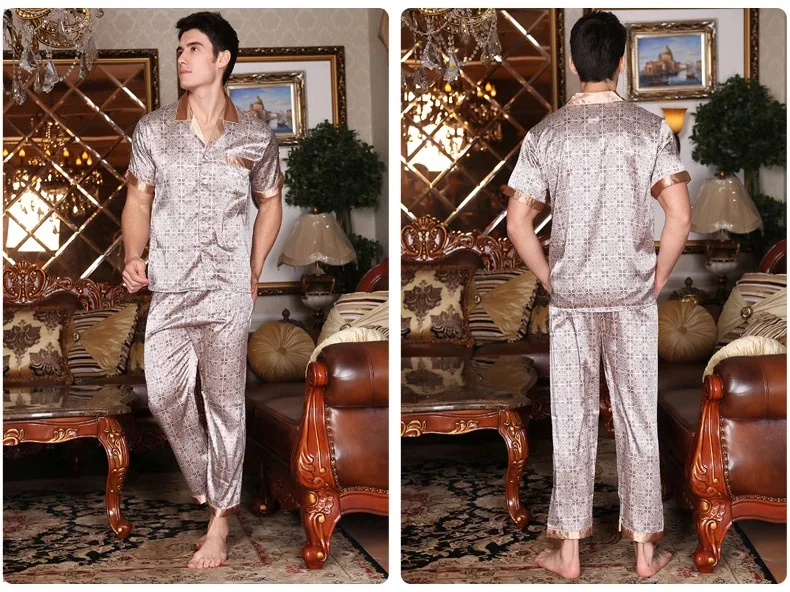 Сексуальная искусственного шелка Для мужчин пижамы Мода Печатные Ice Шелковый мужской пижамы с коротким рукавом Пижама Брюки для девочек