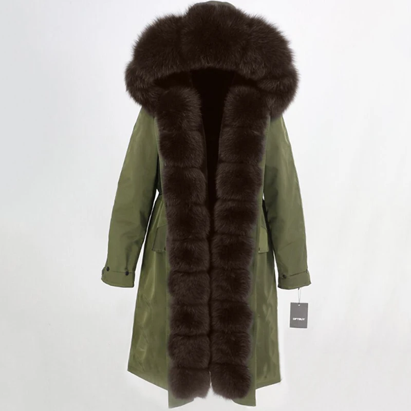 Зимняя женская водонепроницаемая куртка с натуральным мехом, длинная парка с воротником из натурального Лисьего меха, толстая теплая верхняя одежда со съемным капюшоном, новинка - Цвет: green dark brown