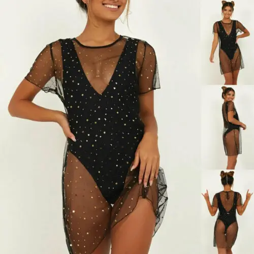 

Women 1PC Bikini Swimsuit Padded Backless Swimwear Mesh Sequined Dress Beach