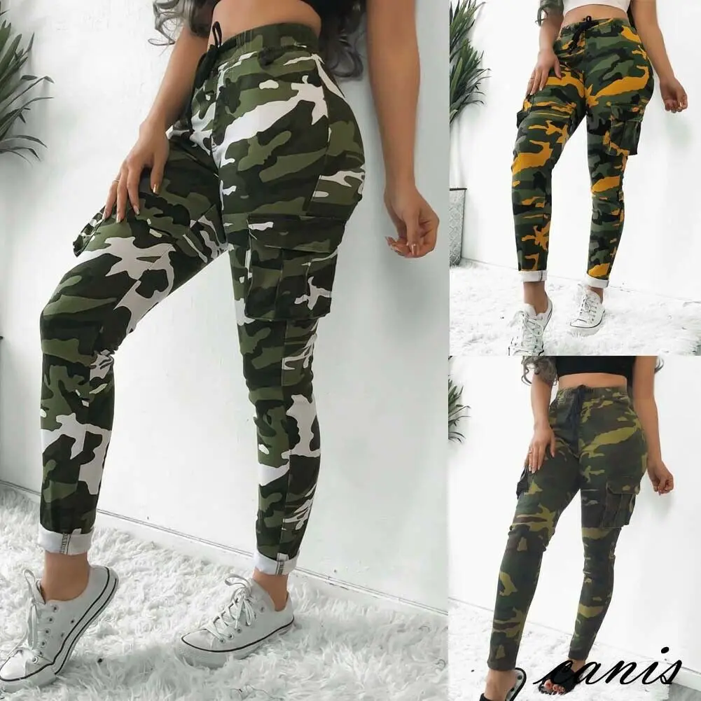 

Womens Camouflage Cargo Trousers Casual Drawstring Pants High Waist Military Army Skinny Long Pants