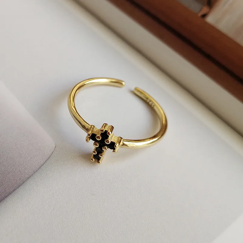 CosFecit Real Silver 925 Ring Zircon Black Opening Girls Women Rings 925 Sterling Silver Gold Color  Silver 925 Jewelry RS089  (5)