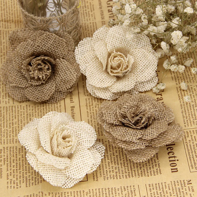 

2/3/5Pc 9cm Handmade Natural Linen Burlap Hessian Jute Flower Rose DIY Craft Rustic Wedding Birthday Party Christmas Decoration