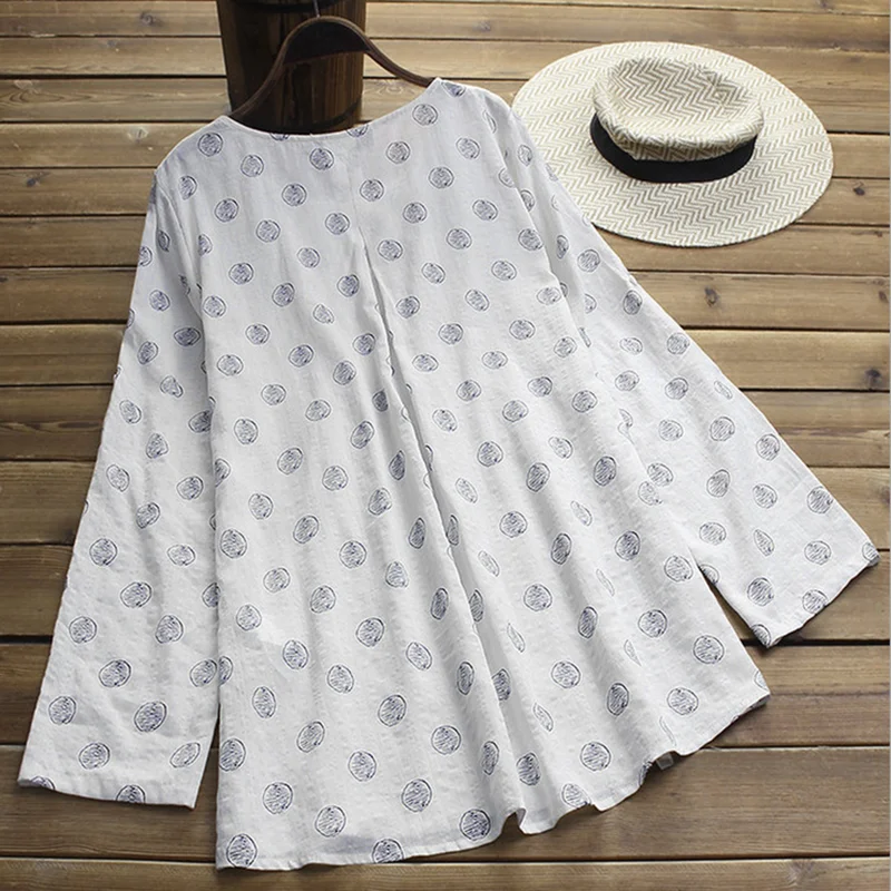 Cotton Linen Printed Loose Long-sleeved Long Section Large Size L-5XL Women's Clothing  Polka Dot Mini Baggy Tunic Shirt Blouse