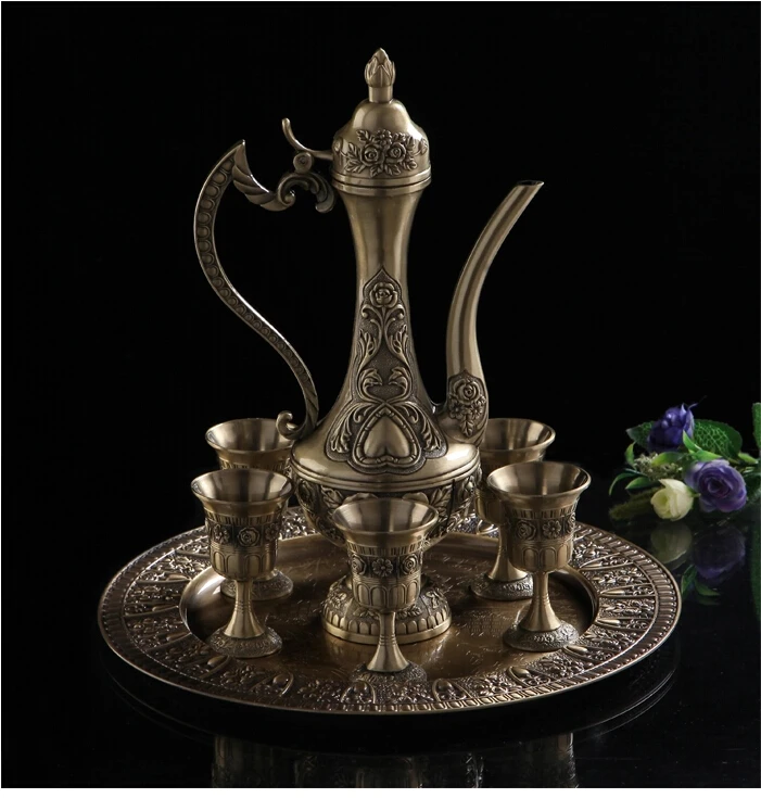

8PCS/set wine set zinc alloy metal decanter 1 wine pot flagon flask 6 cups tray Home Decoration drinkware embossed JJ030